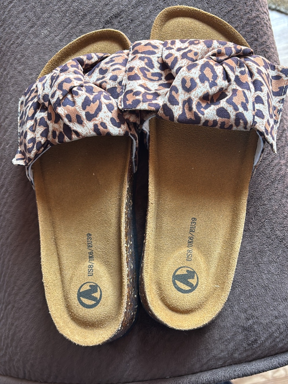 Leopard Print Bow Slide Sandals in Brown